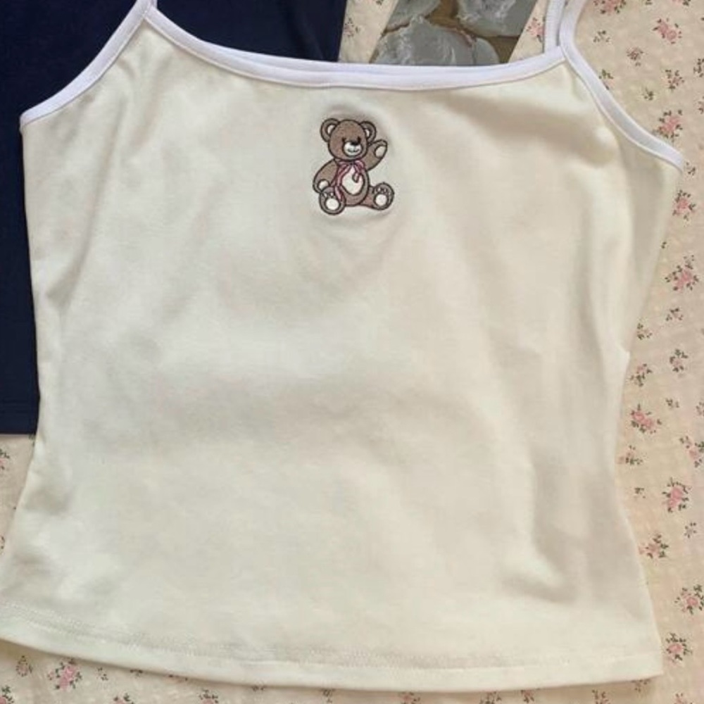 White Spaghetti Strap Tank with Teddy Embroidery